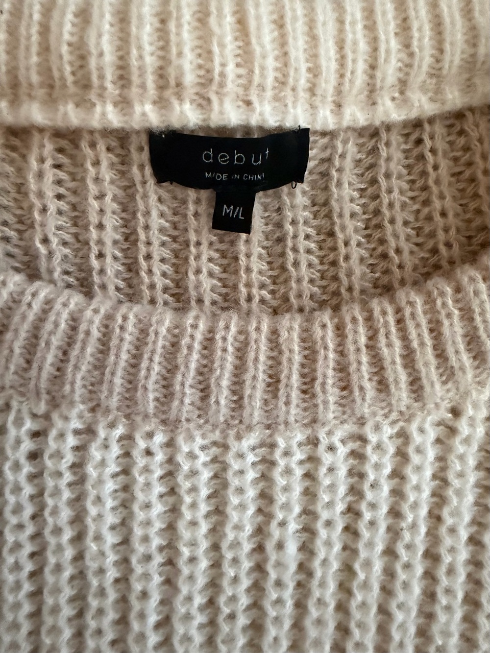 Debut Peach Knit Crewneck Sweater with Light Blue Denim Puff Sleeves - Picture 2 of 4